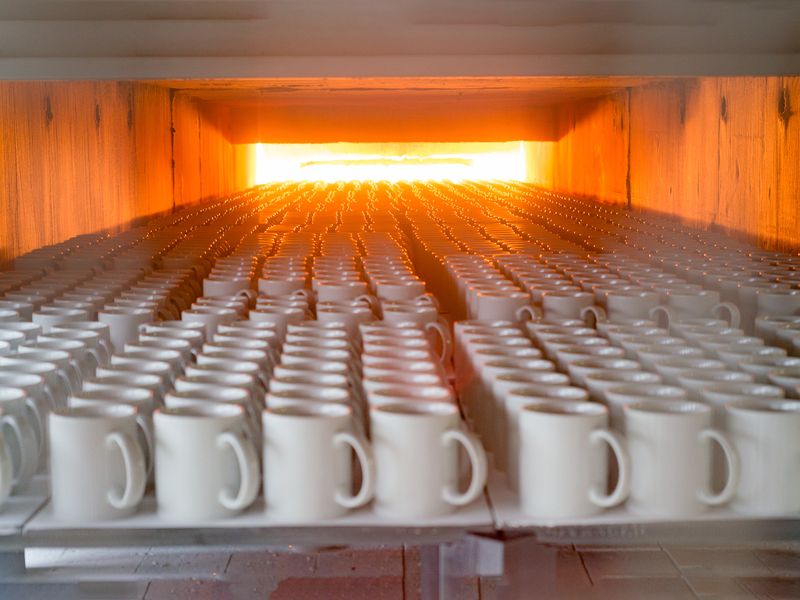 Zweites Motiv: Glühende Glasflaschen nach dem Formen in der Glasproduktion