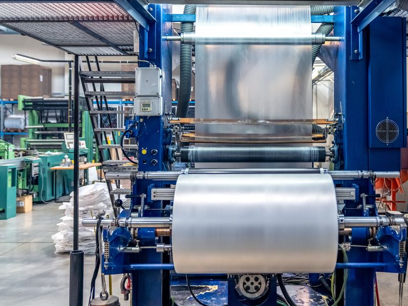 Zweites Motiv: Kunststofffolie läuft über Walzen einer Produktionsanlage