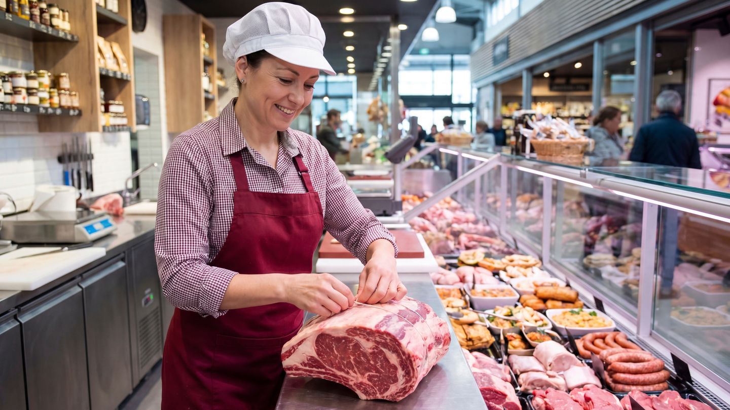 Metzgerin an der Kuehltheke beim Binden eines Bratenstuecks