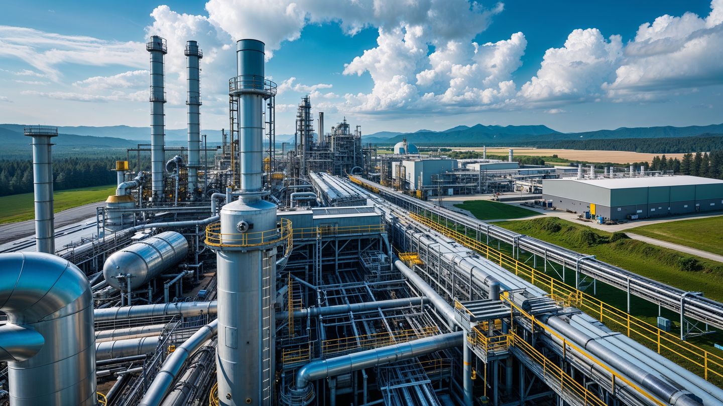 Gasanlage mit Rohrleitungen, Kolonnen und Verdichtern