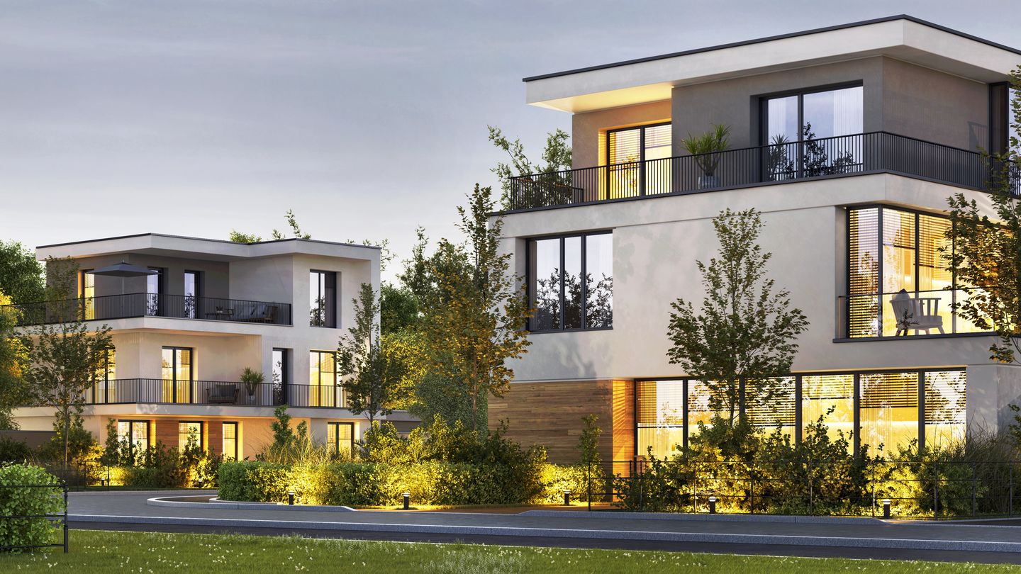 Neu gebaute Wohnanlage mit Grünflächen