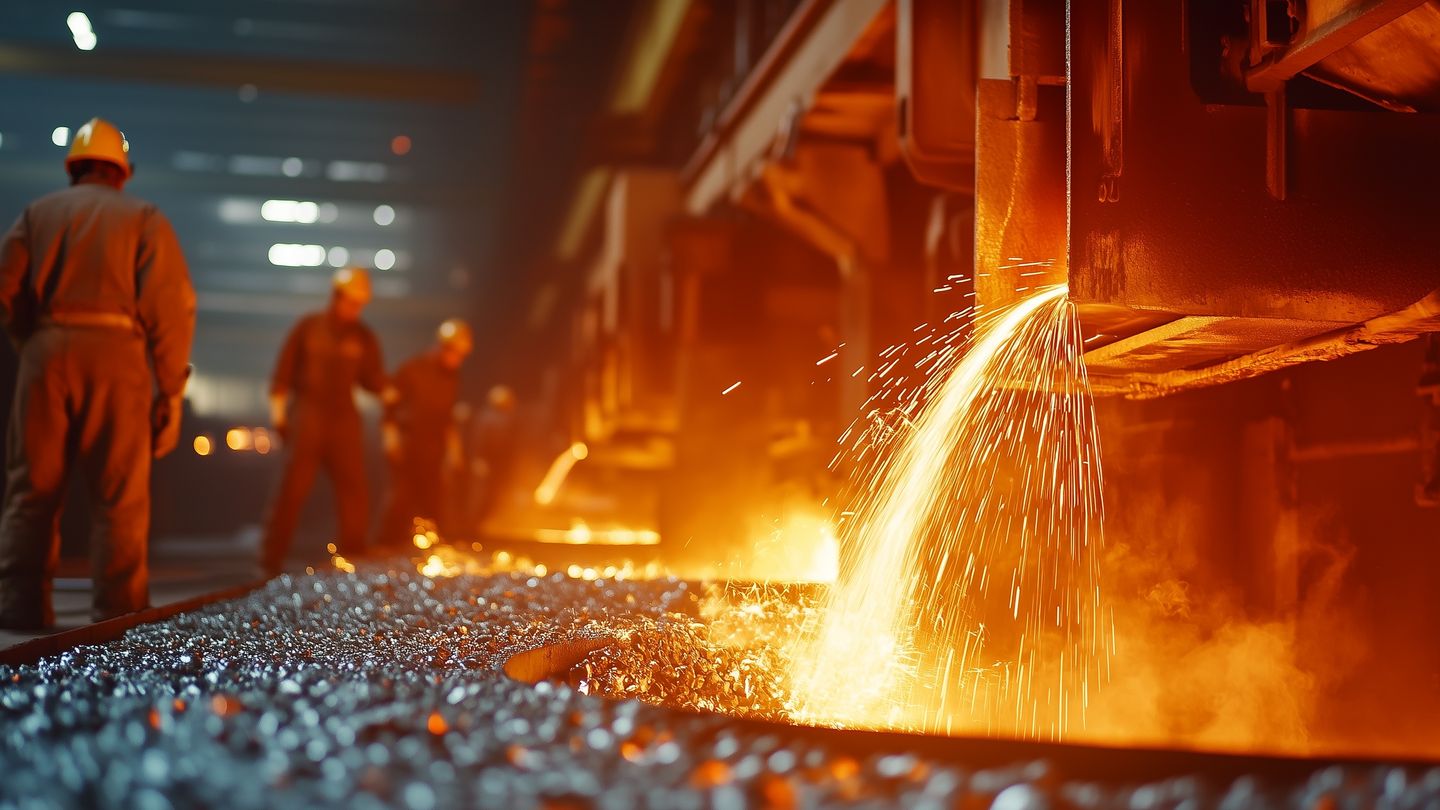 Arbeiter gießt flüssiges Metall in einer Gießerei ab